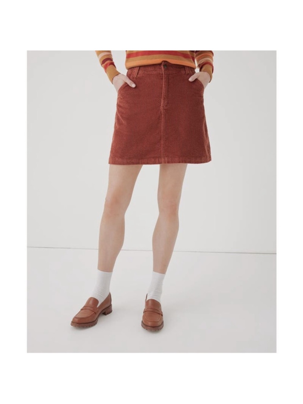 Pact Organic Cotton Rust Corduroy A-Line Mini Skirt Elastic Waist Pockets Small